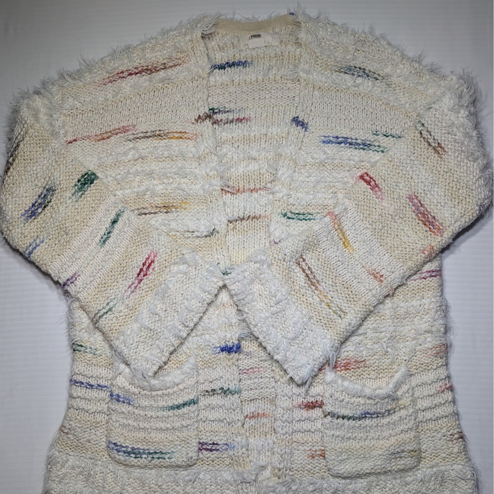 Anthropologie XS Cream Knit Cardigan Multi-Color Shag Trim Cotton Blend Sweater